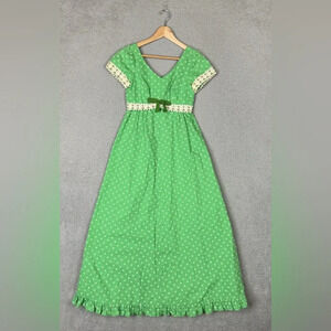 Princess Kaiulani Vintage Dress Womens Small Green Hawaiian 60's Empire Maxi Dot